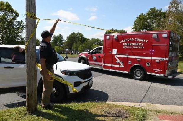 Law enforcement responds to reports of a suspected shooting at Joppatowne High School Friday. (Lloyd Fox/Staff)