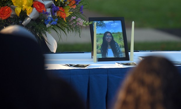A picture at the candle light vigil of former CCBC-Essex student Andrea Rodriguez Avila, who was killed in the Rice University shooting. (Kenneth K. Lam/Staff)