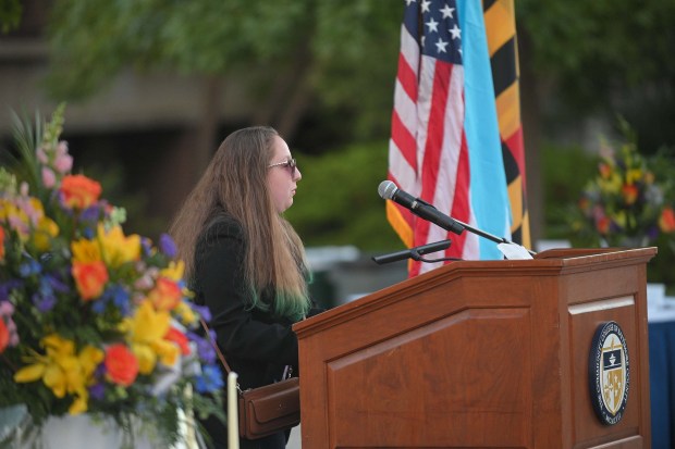 Student Marina Deja read a poem during vigil at CCBC-Essex for Andrea Rodriguez Avila, who died in the Rice University shooting. (Kenneth K. Lam/staff)
