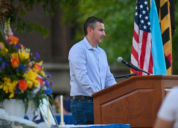 Manuel Albornoz the uncle of Andrea Rodriguez Avila, who died in the Rice University shooting, speaks during vigil at CCBC-Essex. (Kenneth K. Lam/staff)