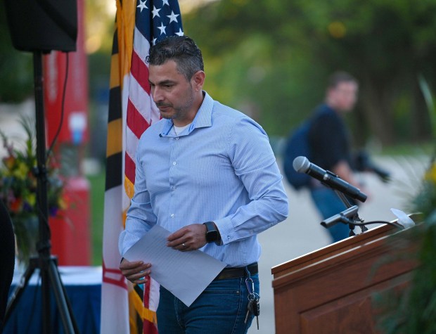 Manuel Albornoz, the uncle of Andrea Rodriguez Avila, who died in the Rice University shooting, speaks during vigil at CCBC-Essex. (Kenneth K. Lam/staff)