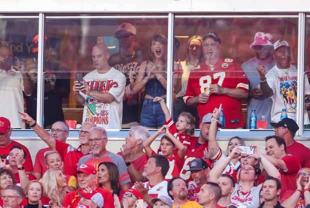 Taylor Swift cheers before the Kansas City Chiefs take on the Baltimore Ravens at GEHA Field at Arrowhead Stadium on Sept. 05, 2024 in Kansas City, Missouri. (Photo by Christian Petersen/Getty Images)