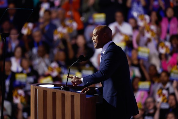 Maryland Gov. Wes Moore speaks on stage during the third day of the Democratic National Convention at the United Center on Aug. 21, 2024 in Chicago, Illinois. Delegates, politicians, and Democratic Party supporters are in Chicago for the convention, concluding with current Vice President Kamala Harris accepting her party's presidential nomination. The DNC takes place from Aug. 19-22. (Photo by Kevin Dietsch/Getty Images)